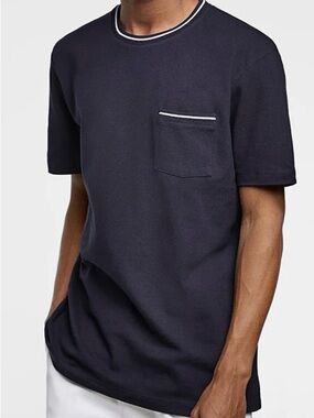 Men's Navy Short-Sleeve Pocket Tee with Contrast Piping